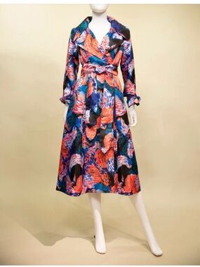 Samuel Dong Multicolor Abstract Print Long Sleeve Midi Dress - Orange & Blue